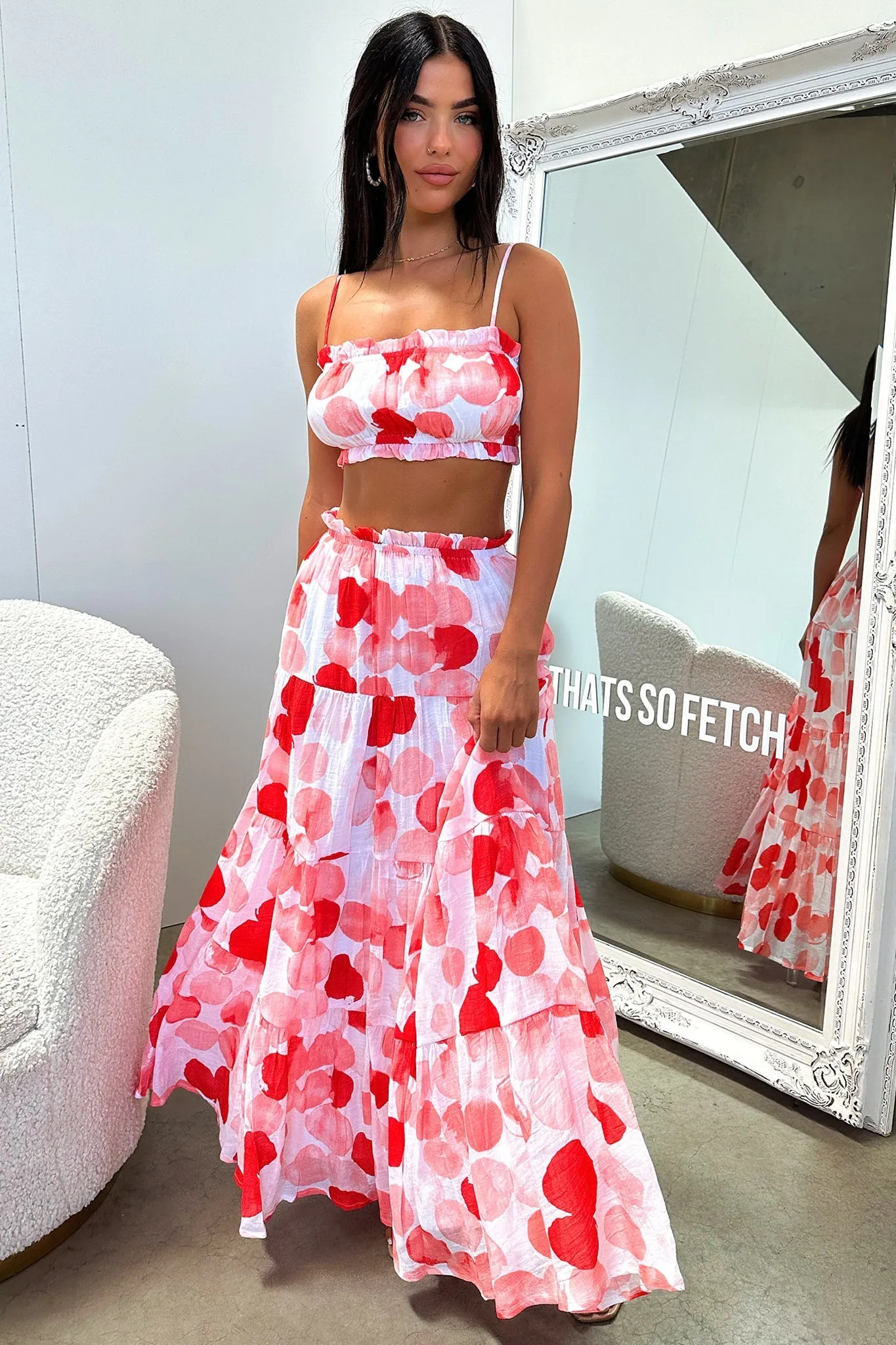 Selina Crop - Red / White Print Wide opening