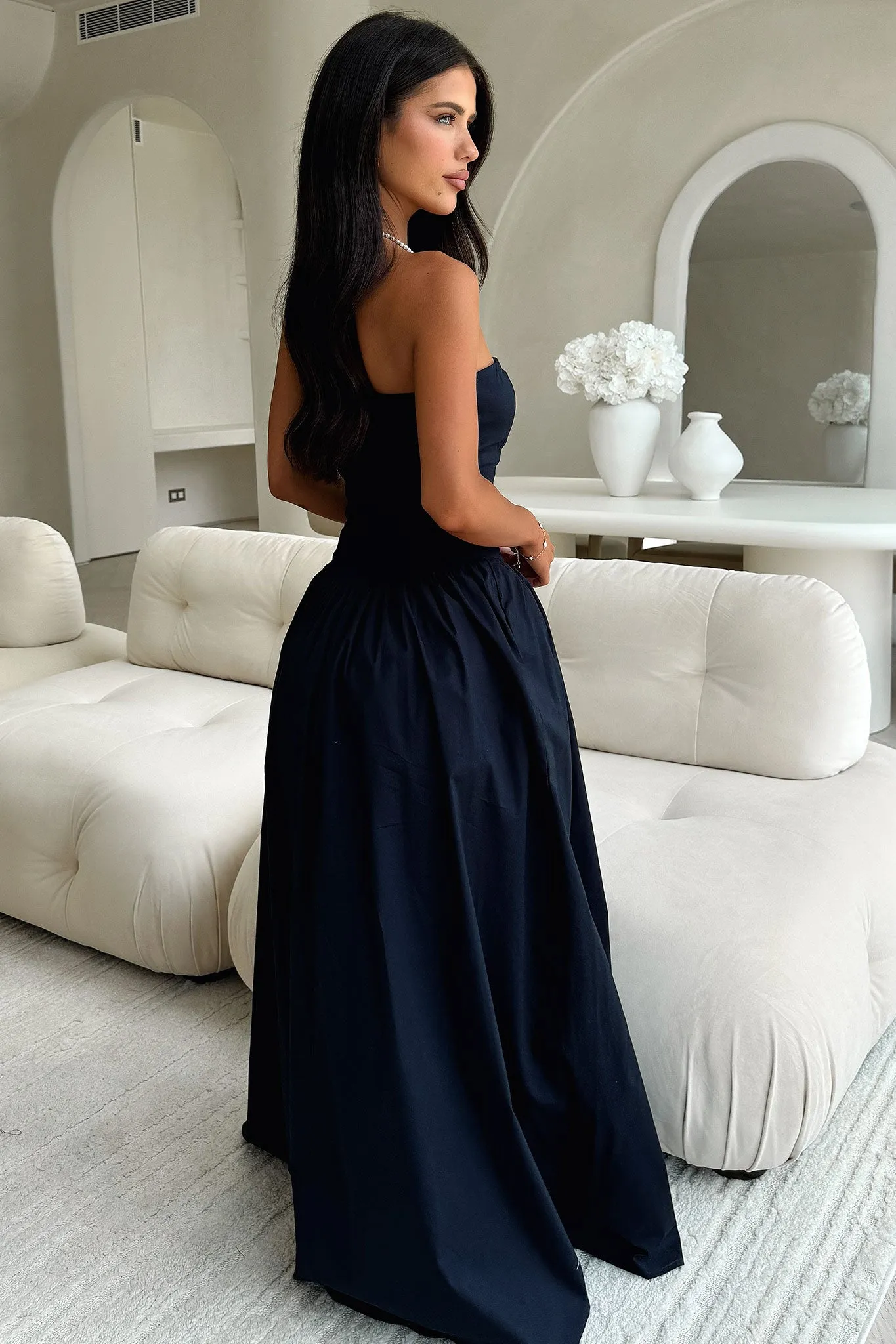 Shimmer Finish Iridessa Strapless Maxi Dress - Navy