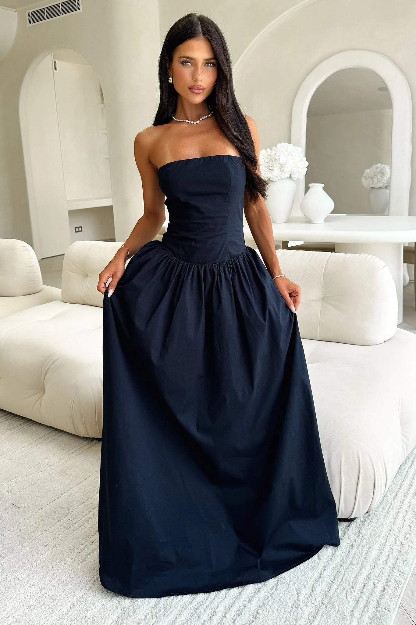 Shimmer Finish Iridessa Strapless Maxi Dress - Navy