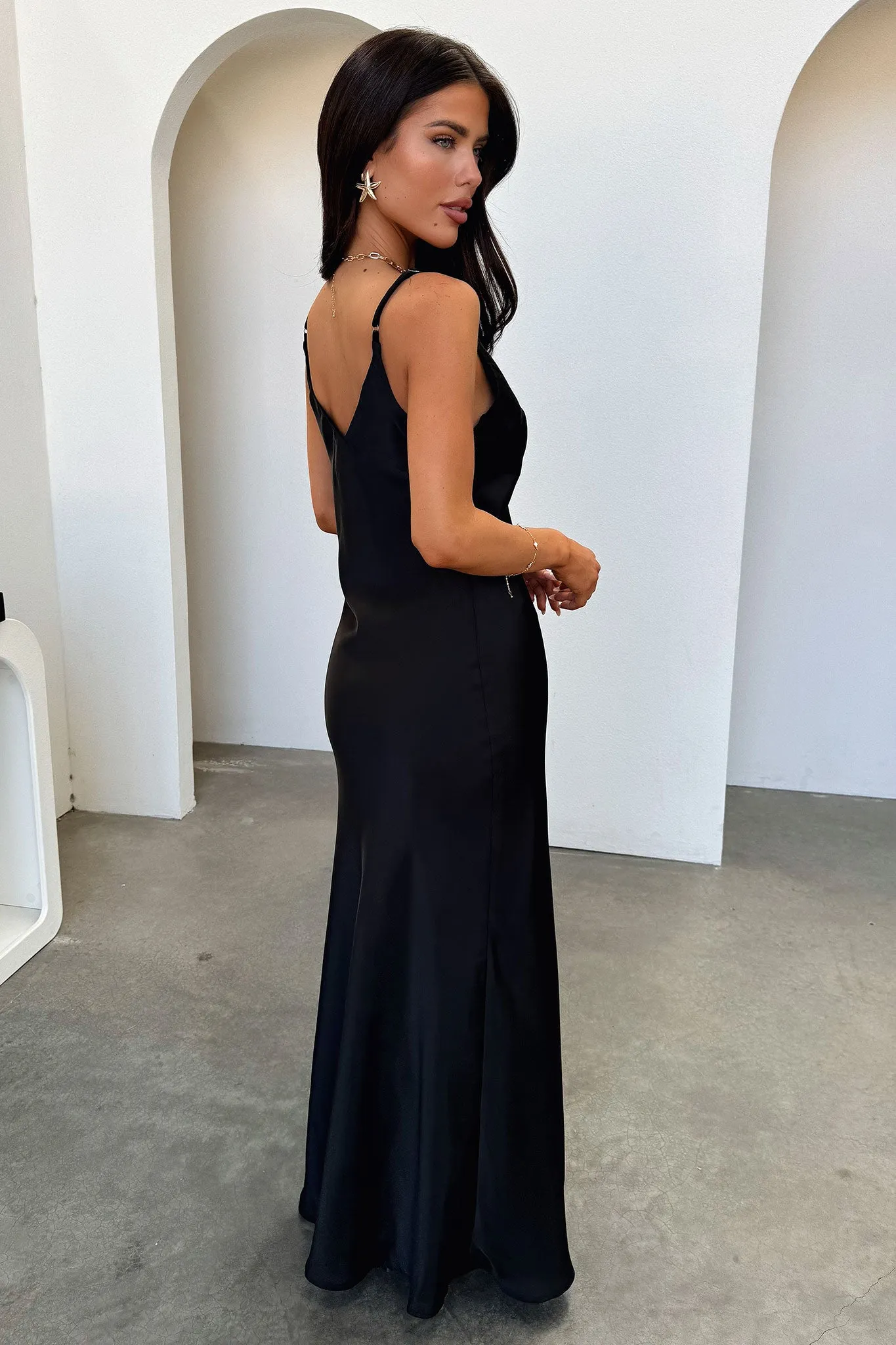 Silk Ensemble Delilah V-Neck Satin Maxi Dress - Black