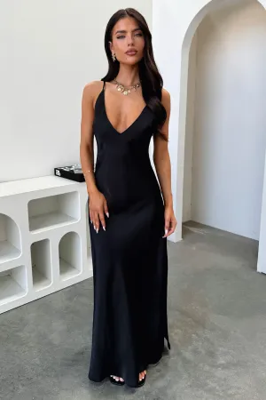 Delilah V-Neck Satin Maxi Dress - Black Vibrant patterned dress