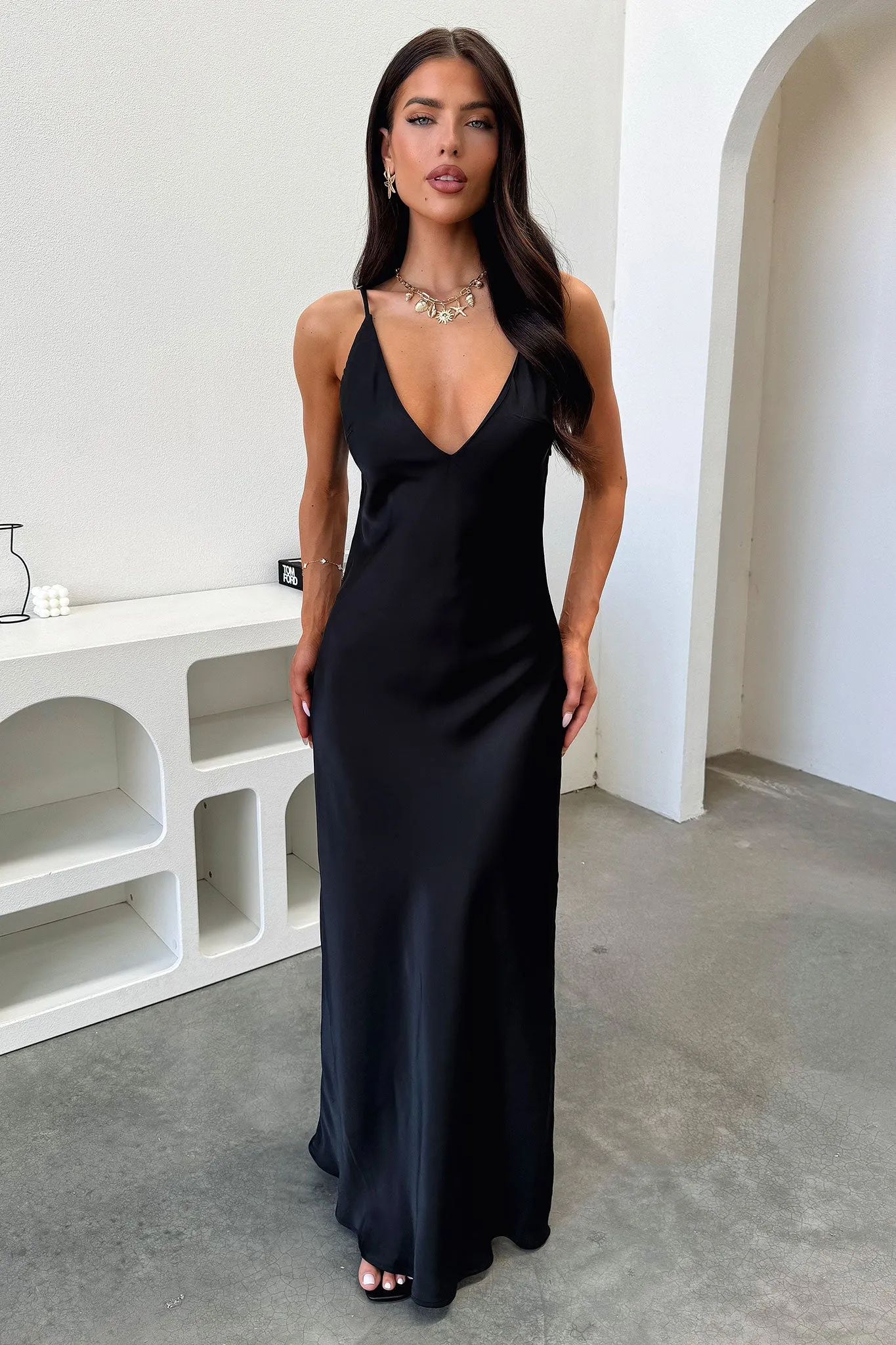 Silk Ensemble Delilah V-Neck Satin Maxi Dress - Black