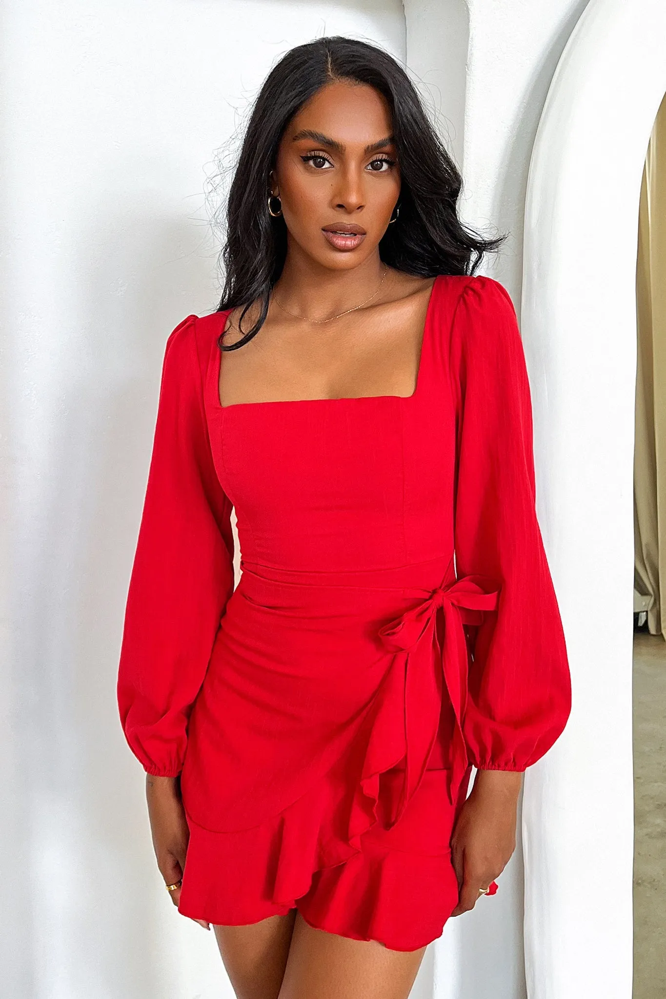 Silvana Long Sleeve Wrap Mini Dress - Red Tweed Charm