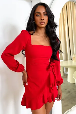 Rush Style Bold Twist Silvana Long Sleeve Wrap Mini Dress - Red