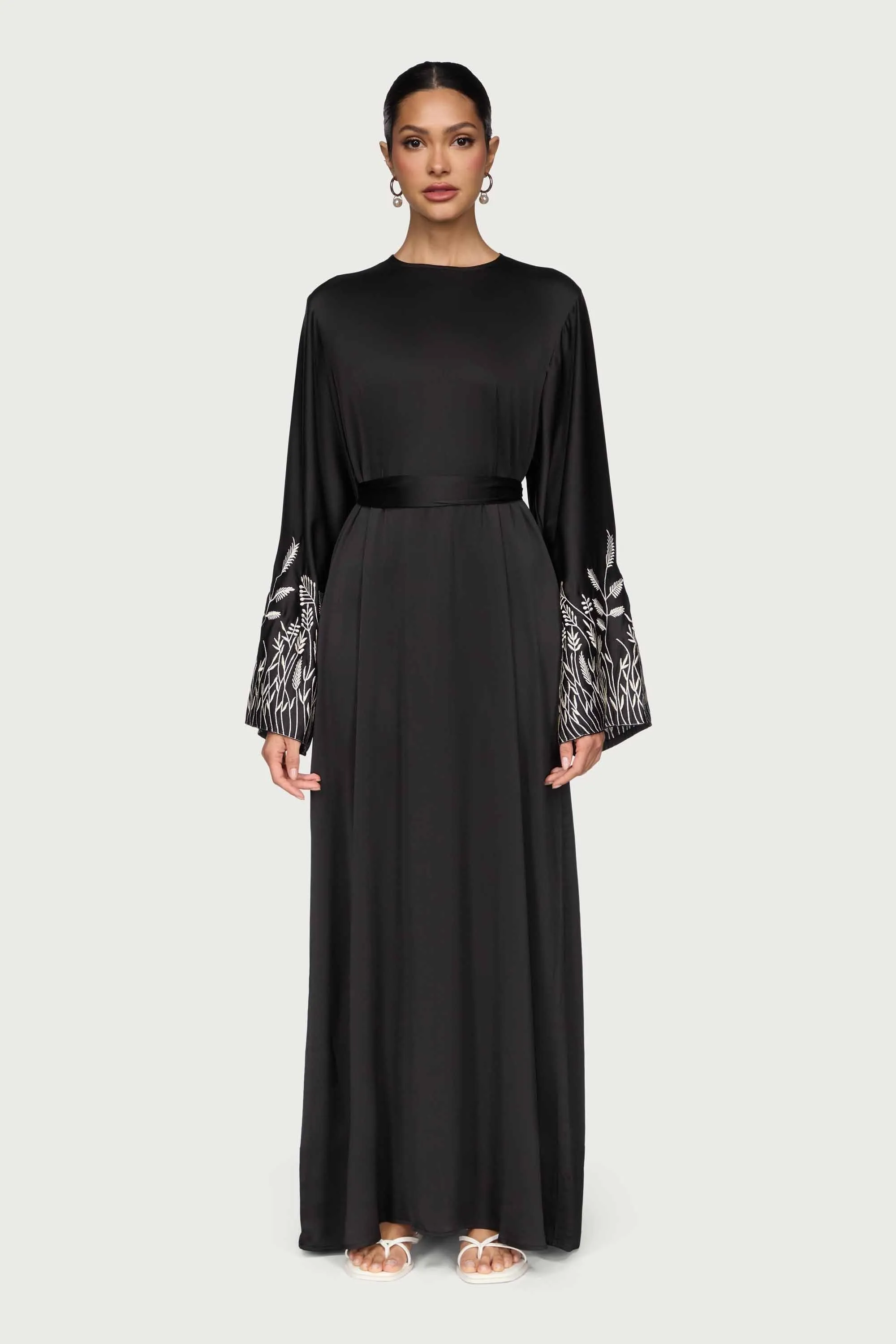 Office Tone Airy Drape Ascia Embroidered Maxi Dress - Black