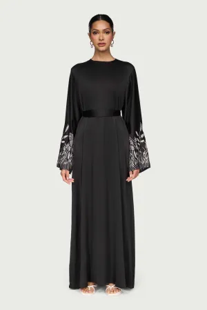 Office Tone Airy Drape Ascia Embroidered Maxi Dress - Black