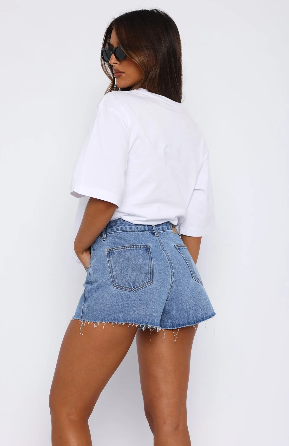 slim cut Take Me Home Denim Shorts Mid Blue Wash