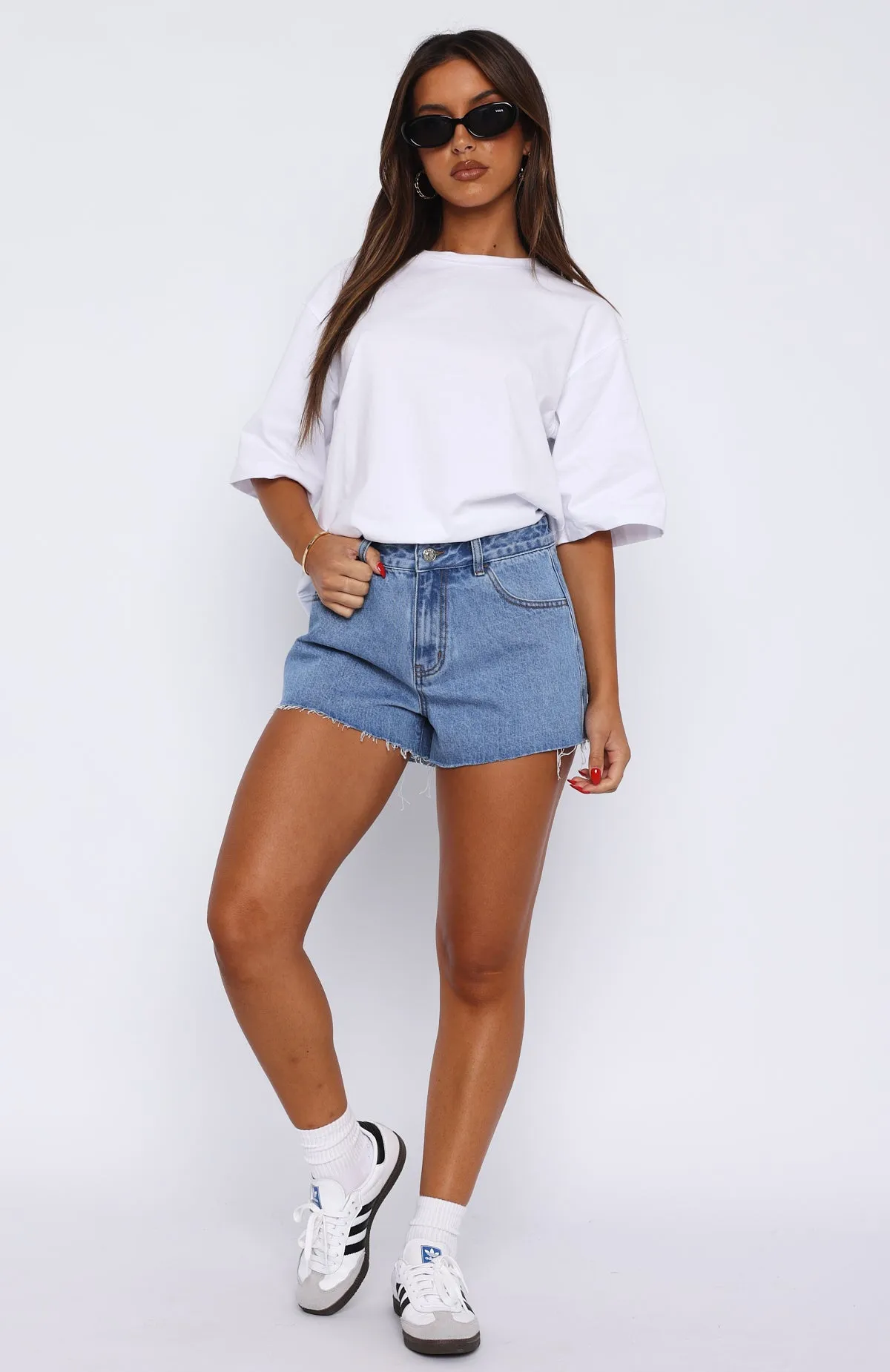 slim cut Take Me Home Denim Shorts Mid Blue Wash