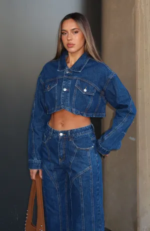 Love You Again Denim Jacket Dark Blue heavy fabric slant pockets