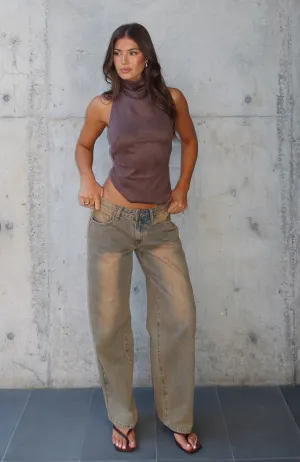 patched design Fashion Forward Bring The Style Low Rise Wide Leg Jeans Clay