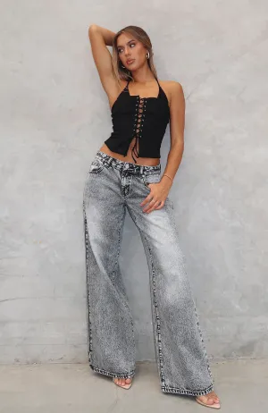 street style icons Korean design Maeve Low Rise Wide Leg Jeans Grey Acid