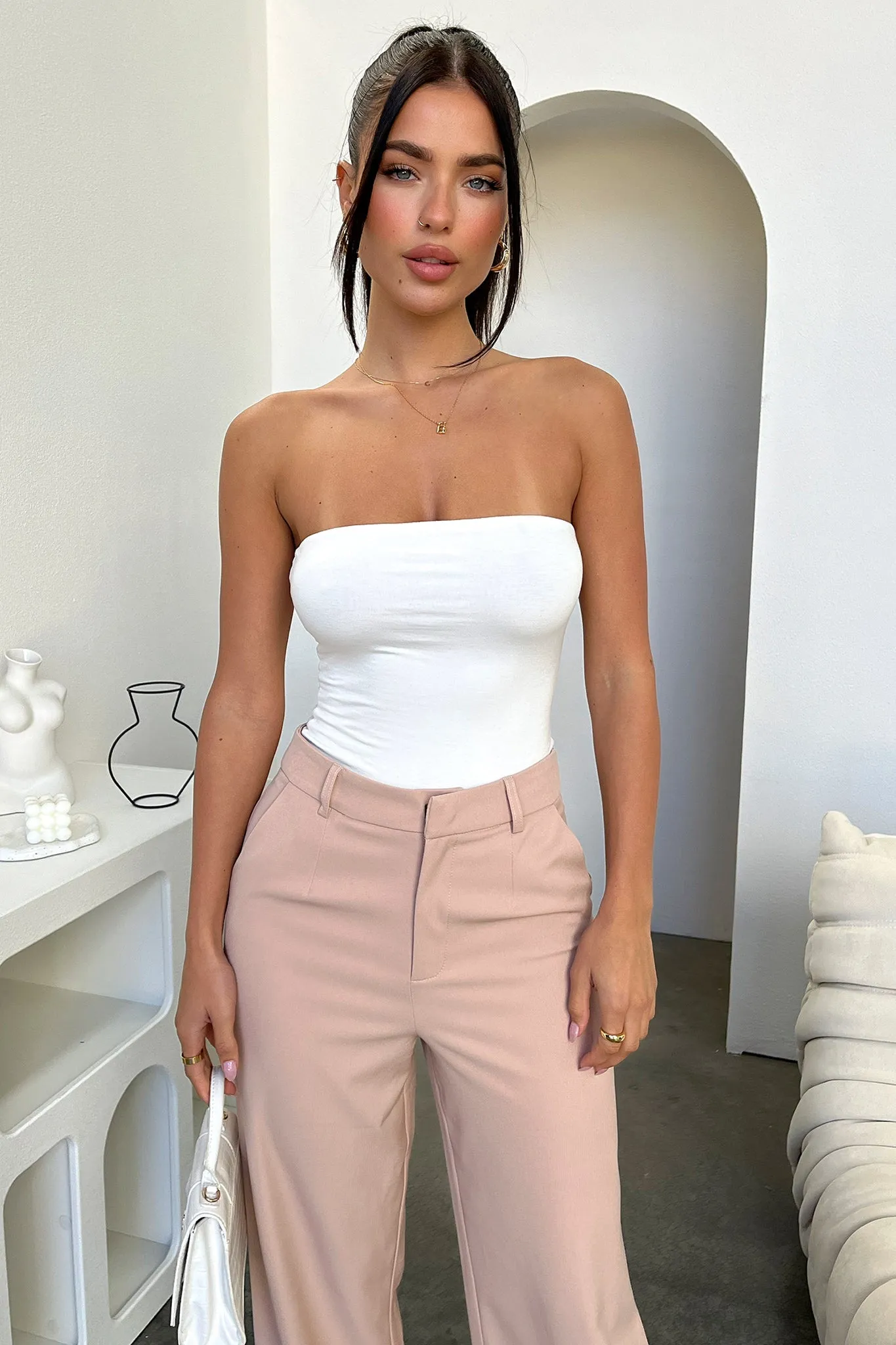 Soft Texture Alaric High Rise Pants - Beige