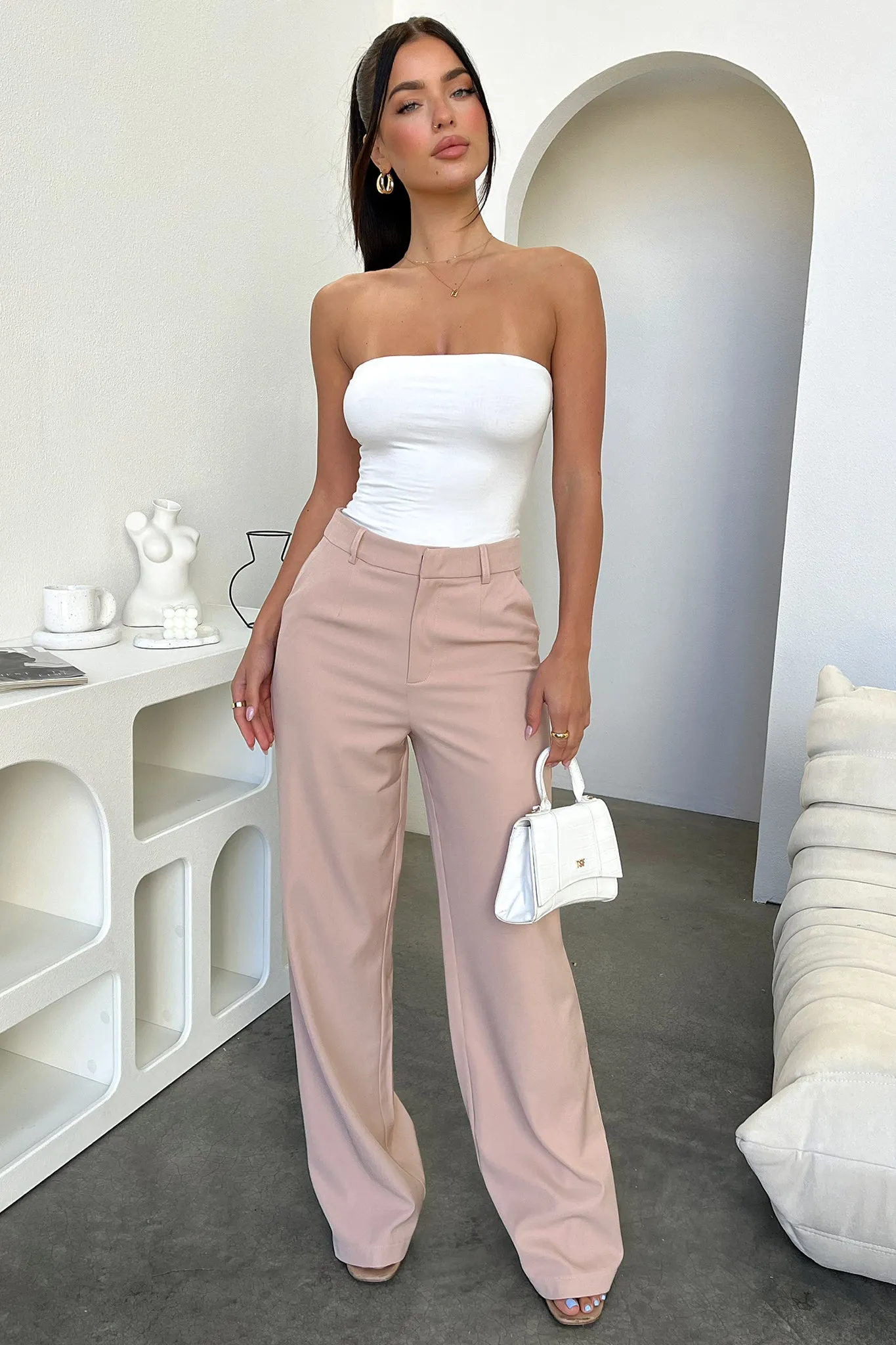 Alaric High Rise Pants - Beige Stretch waistband Durable Stitching