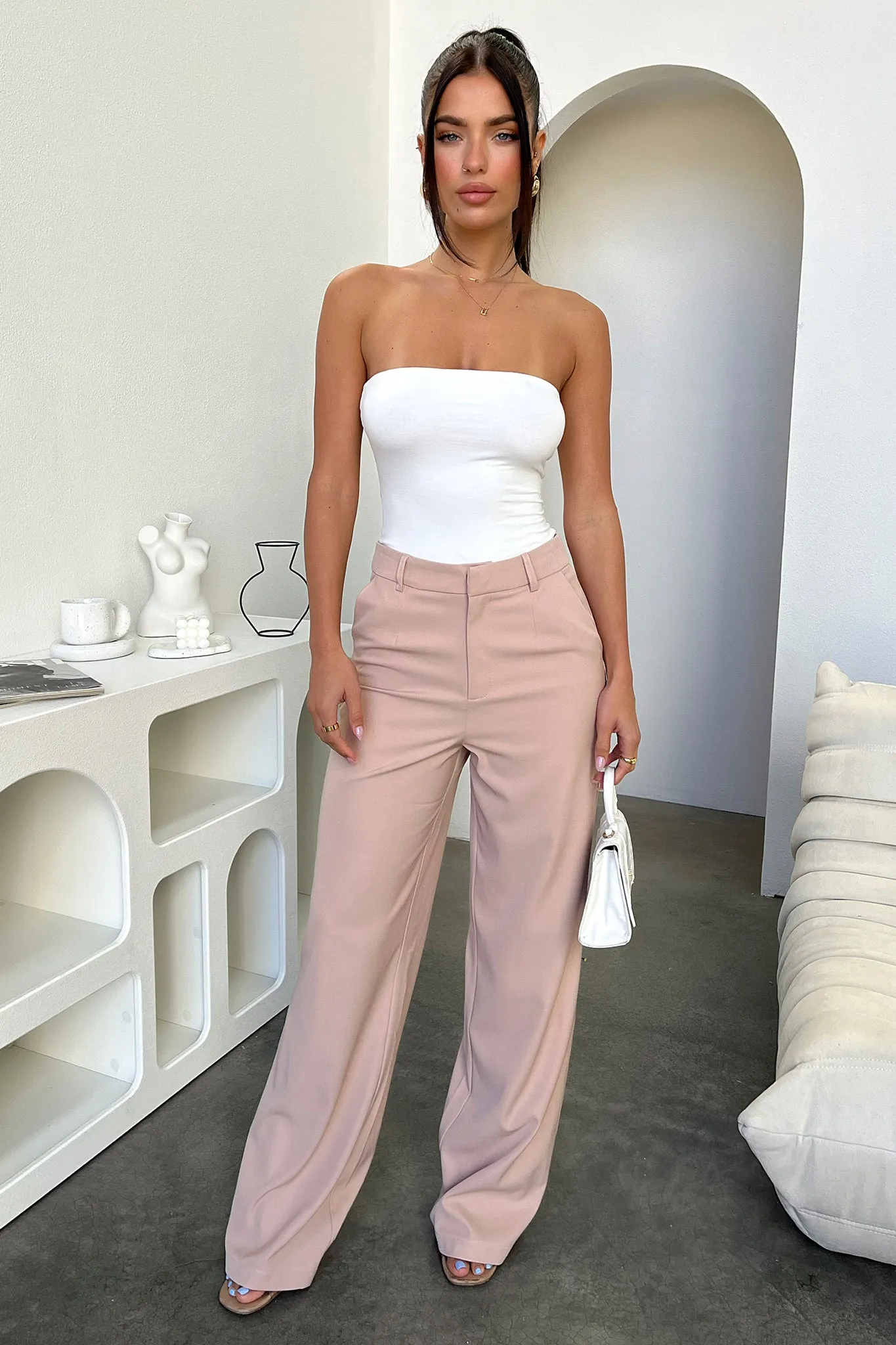 Soft Texture Alaric High Rise Pants - Beige