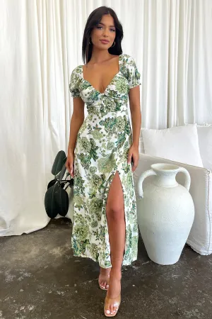 Solem Midi Dress - Green Floral Gold Hour
