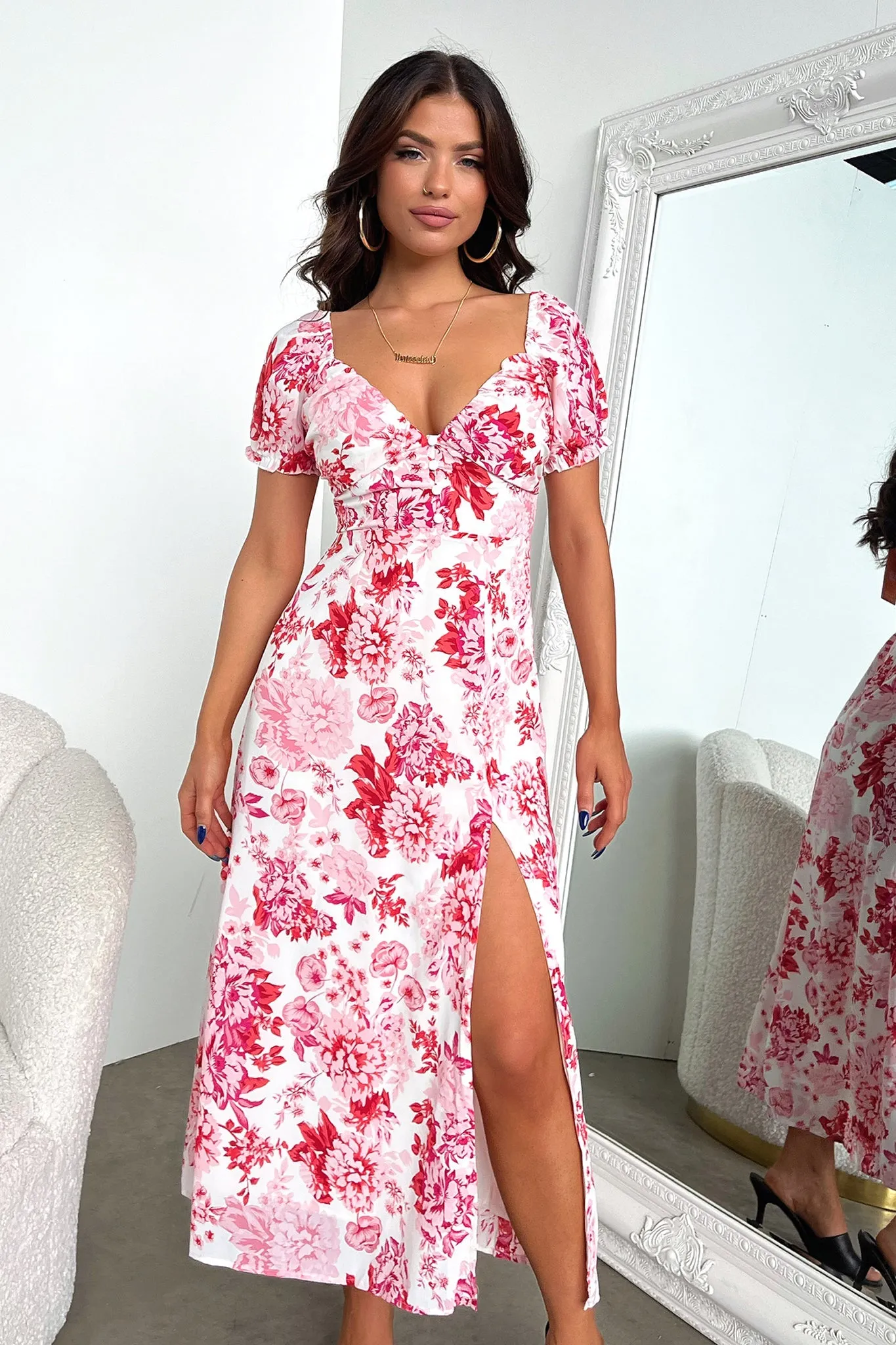 Solem Midi Dress - Pink / Red Floral Metal Eyelet