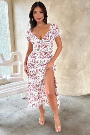 Solem Midi Dress - White / Rose Floral Breezy and lightweight midi Daily Comfort
