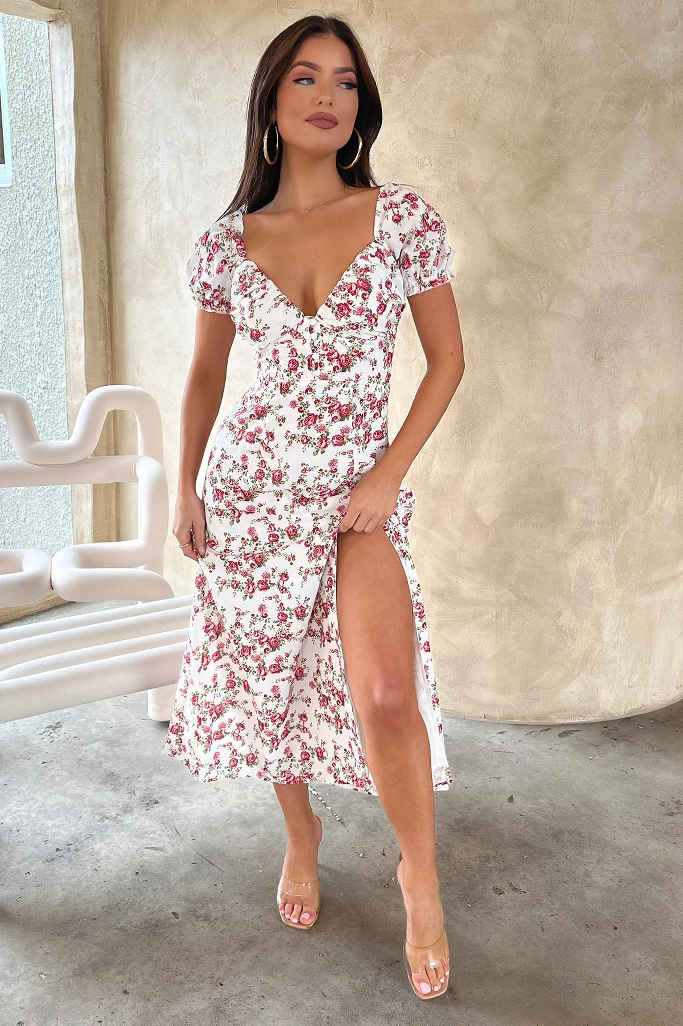 Solem Midi Dress - White / Rose Floral Ink Stroke
