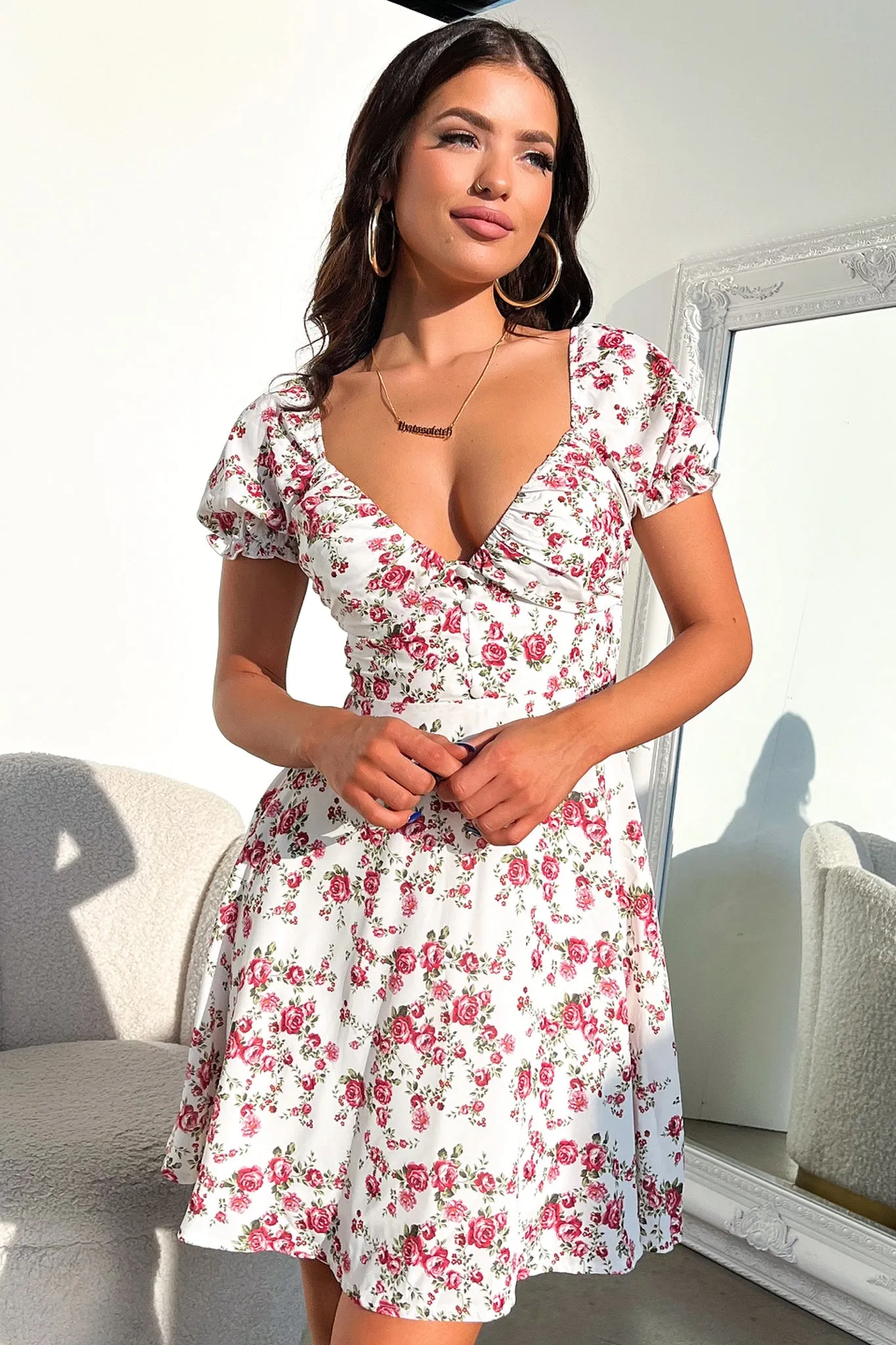 Solem Mini Dress - White / Rose Floral Wave Spark
