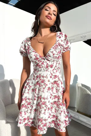 Chic dress for outings Pose Glow Solem Mini Dress - White / Rose Floral