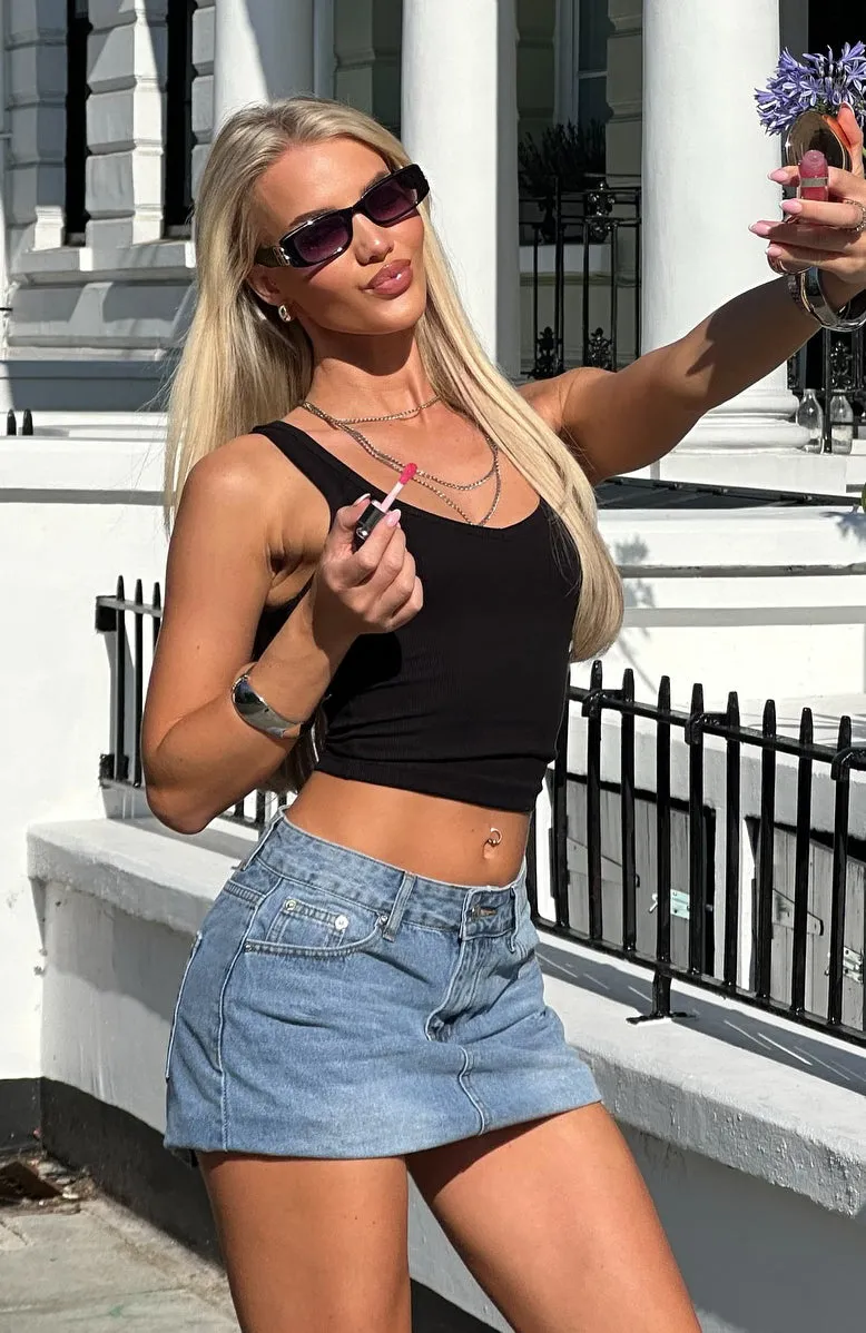 Know It All Low Rise Denim Mini Skirt Mid Blue Black color professionals