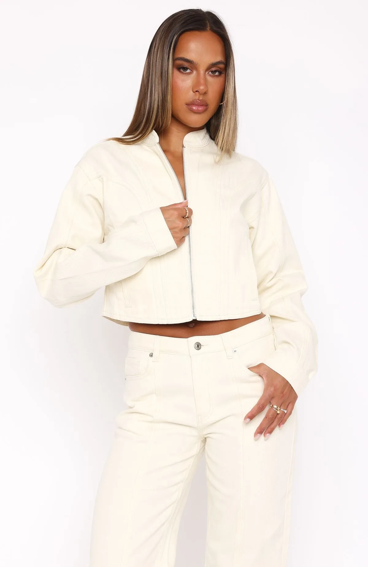 Sports Casual Leah Cropped Denim Jacket Cream