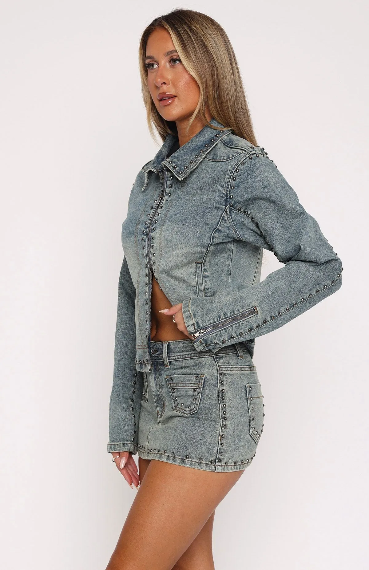 Spring-autumn Moderate Blake Denim Studded Mini Skirt Brown Blue