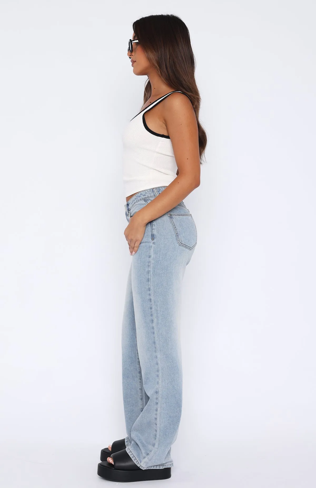 Spring-autumn Moderate Desire Mid Rise Straight Leg Jeans Light Blue Wash
