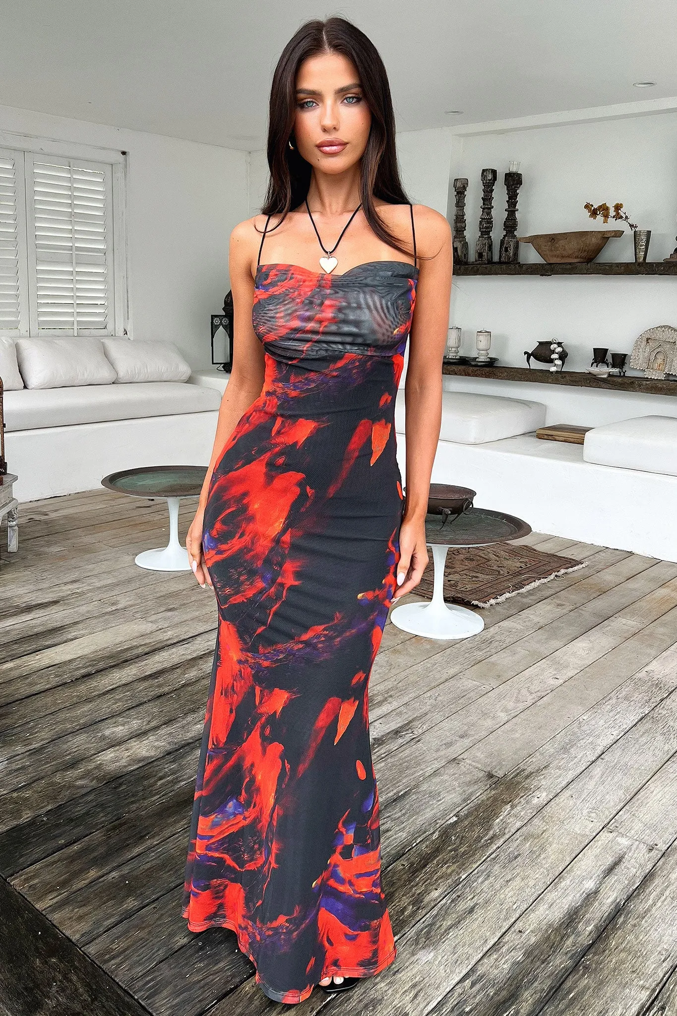 Star Favorite Barb Mesh Maxi Dress - Black/Red