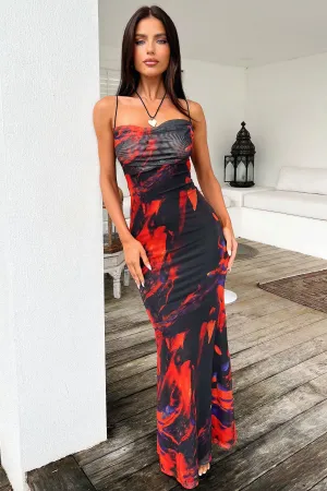Dawn Calm Plaza Glow Barb Mesh Maxi Dress - Black/Red