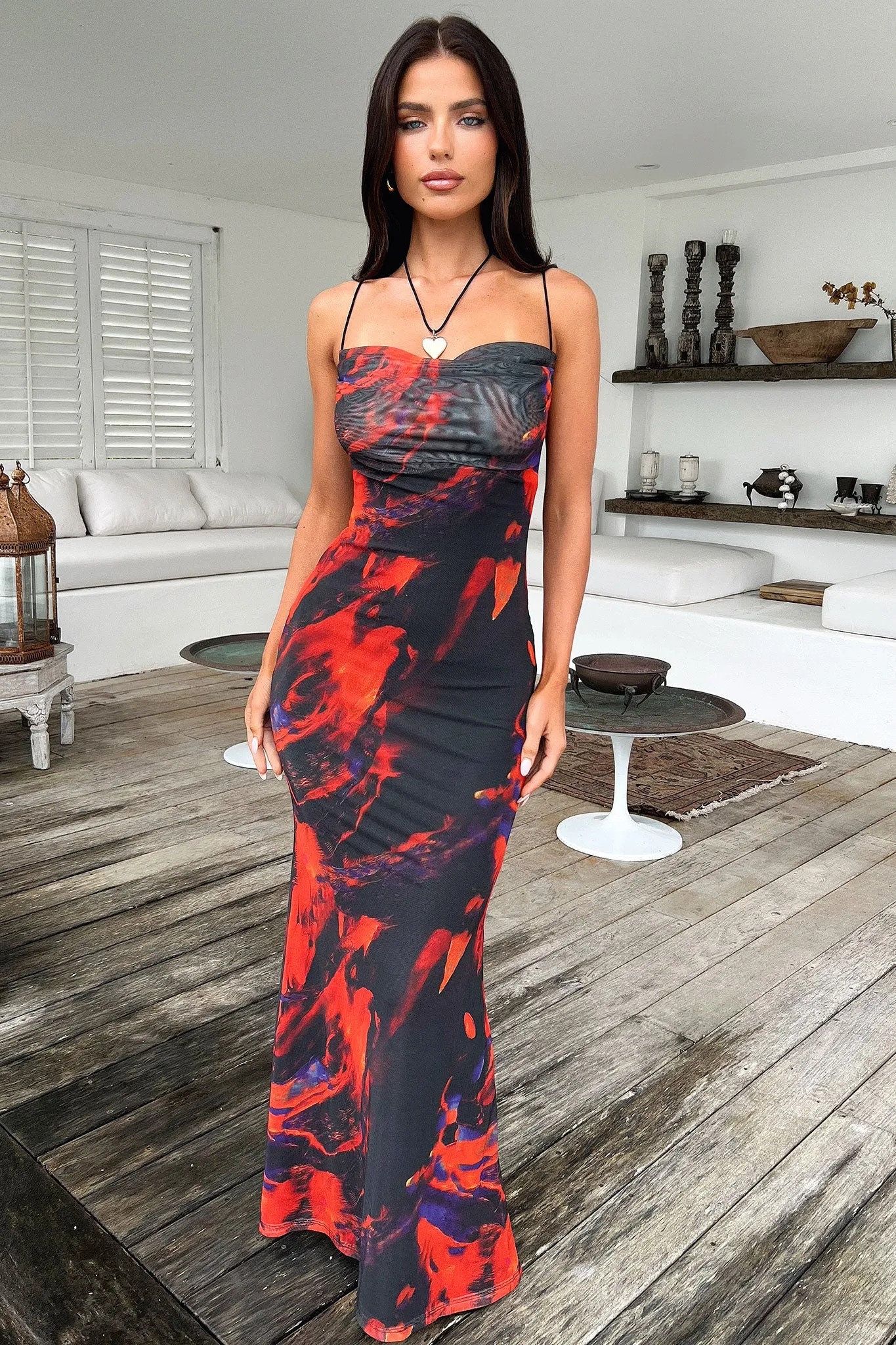 Star Favorite Barb Mesh Maxi Dress - Black/Red