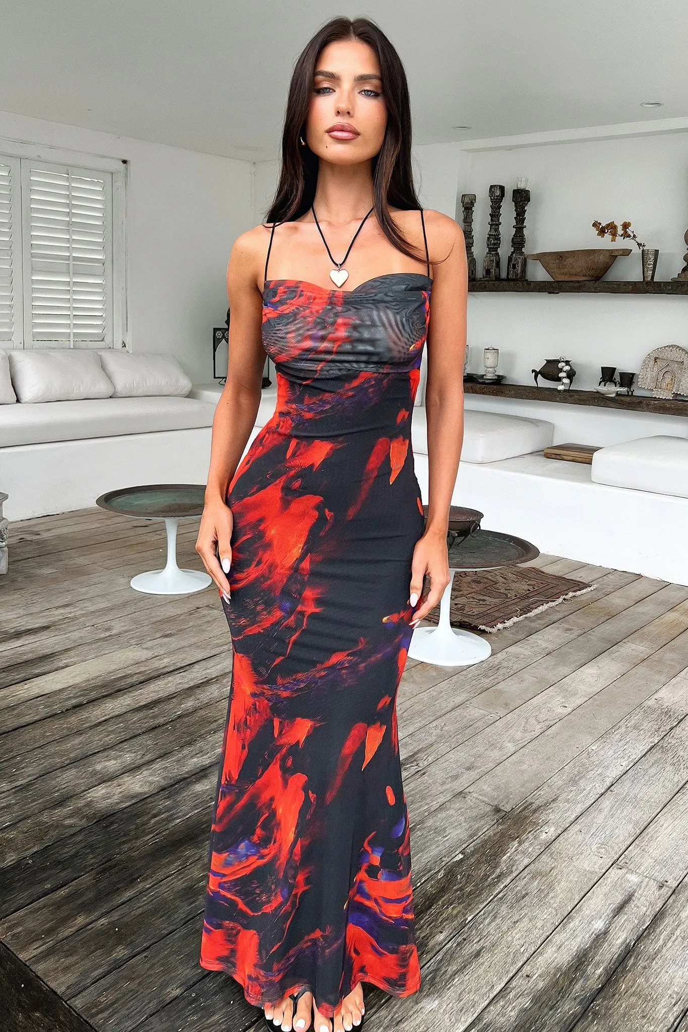 Star Favorite Barb Mesh Maxi Dress - Black/Red