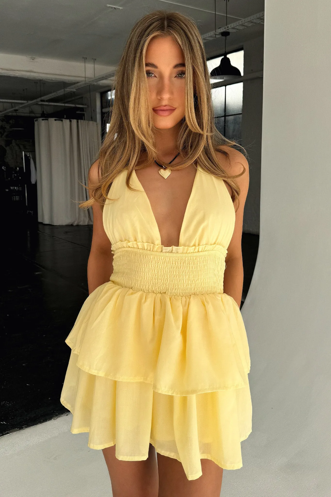 Starry Night April Tiered Halter Mini Dress - Yellow