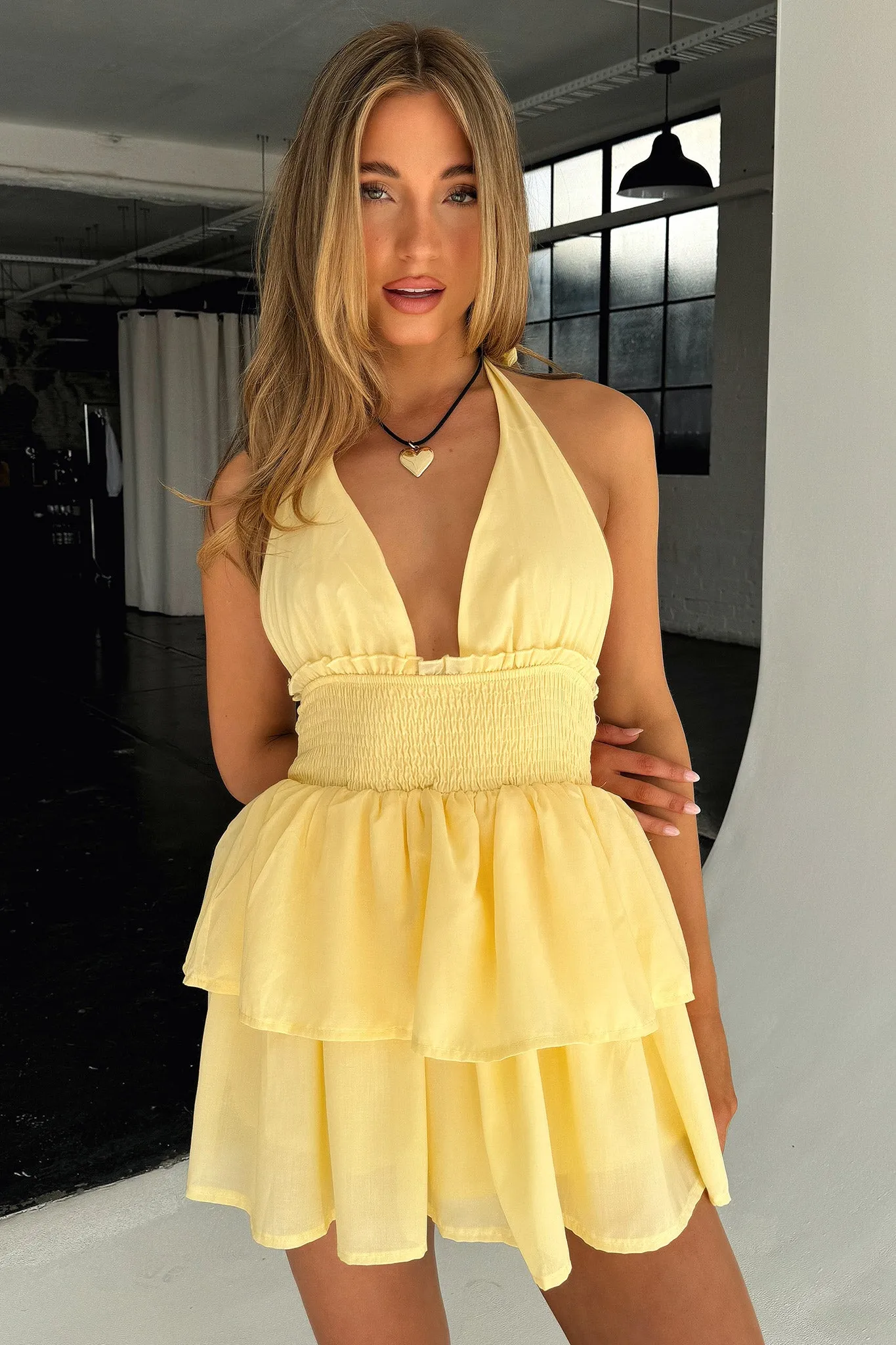 Starry Night April Tiered Halter Mini Dress - Yellow
