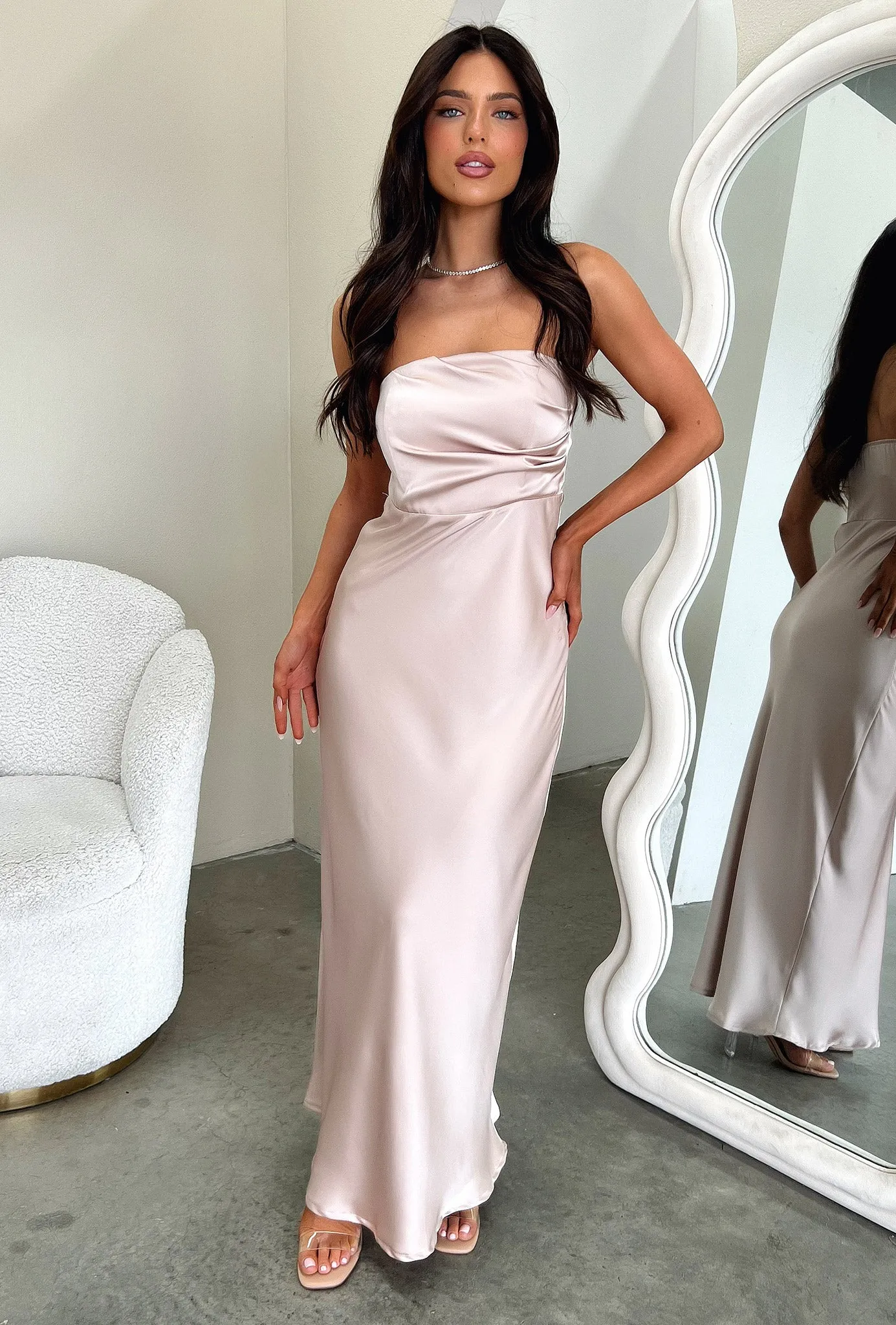 Strapless Cut Elio Strapless Satin Maxi Dress - Champagne