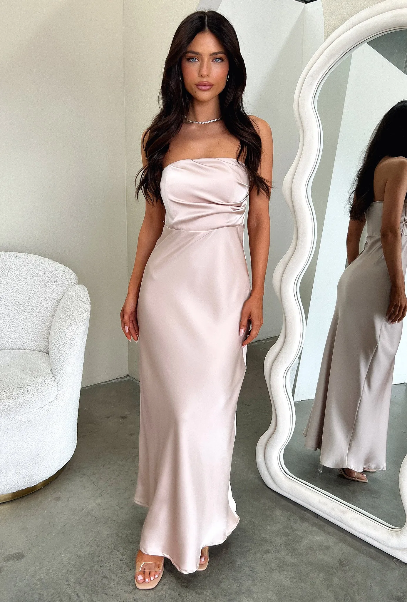 Elio Strapless Satin Maxi Dress - Champagne Back-Pocket