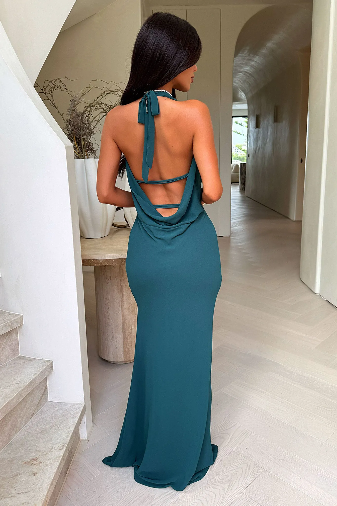 Striped Detail Amedeo Plunge Halter Neck Maxi Dress - Emerald