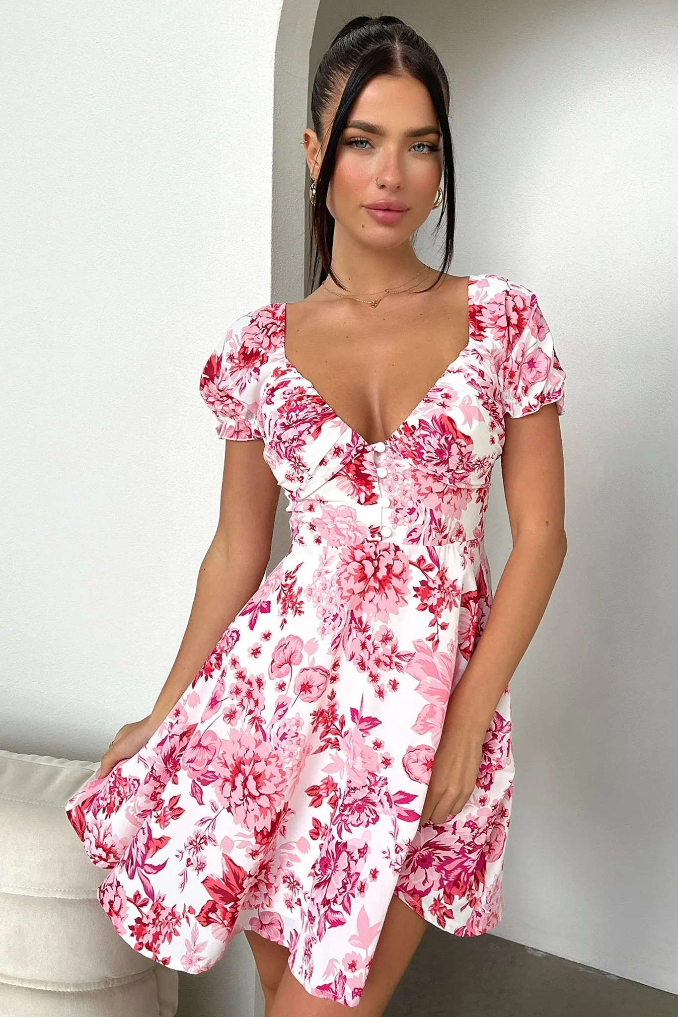 Structured Bodice Solem Mini Dress - Pink/Red Floral