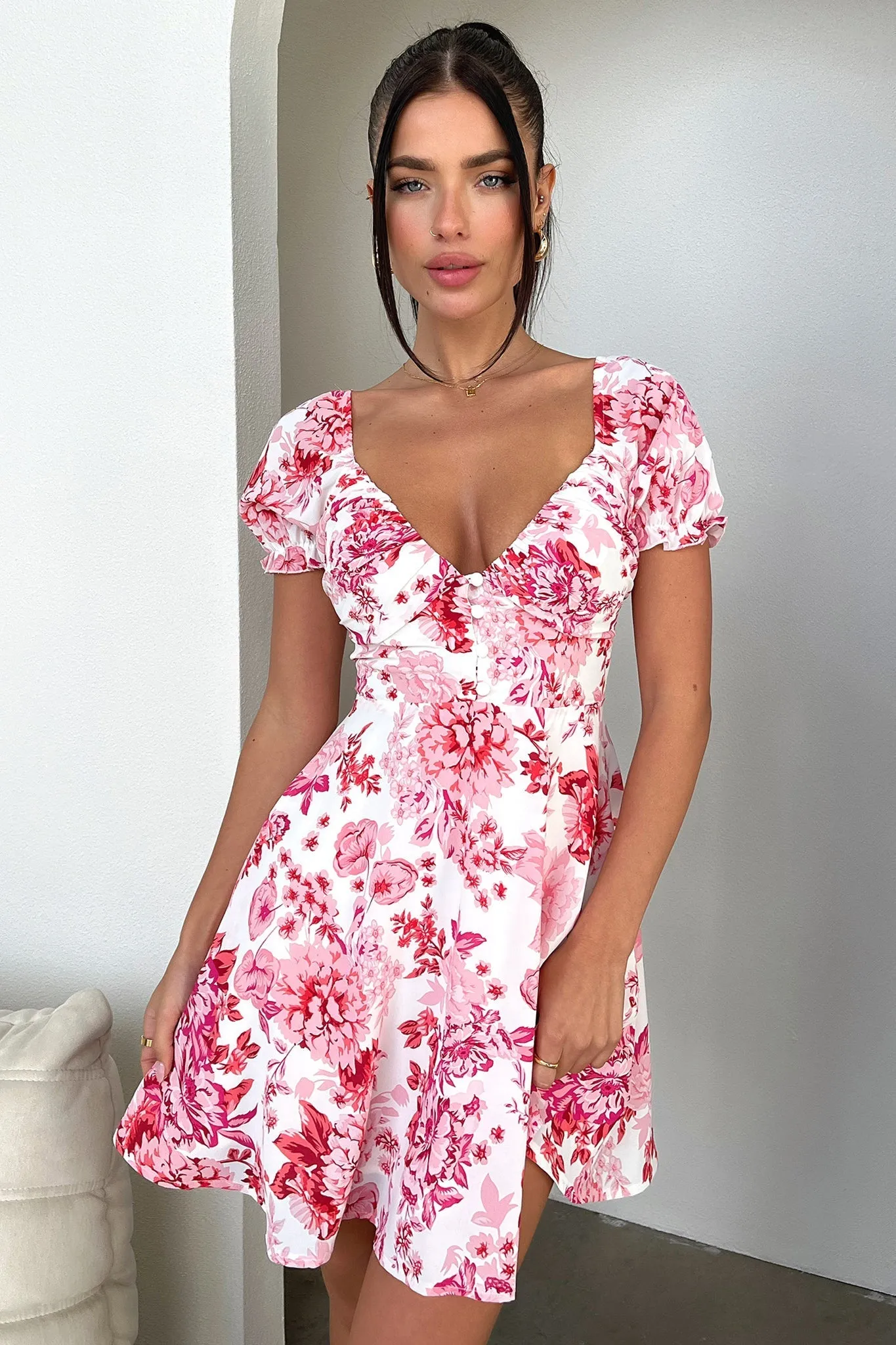 Structured Bodice Solem Mini Dress - Pink/Red Floral