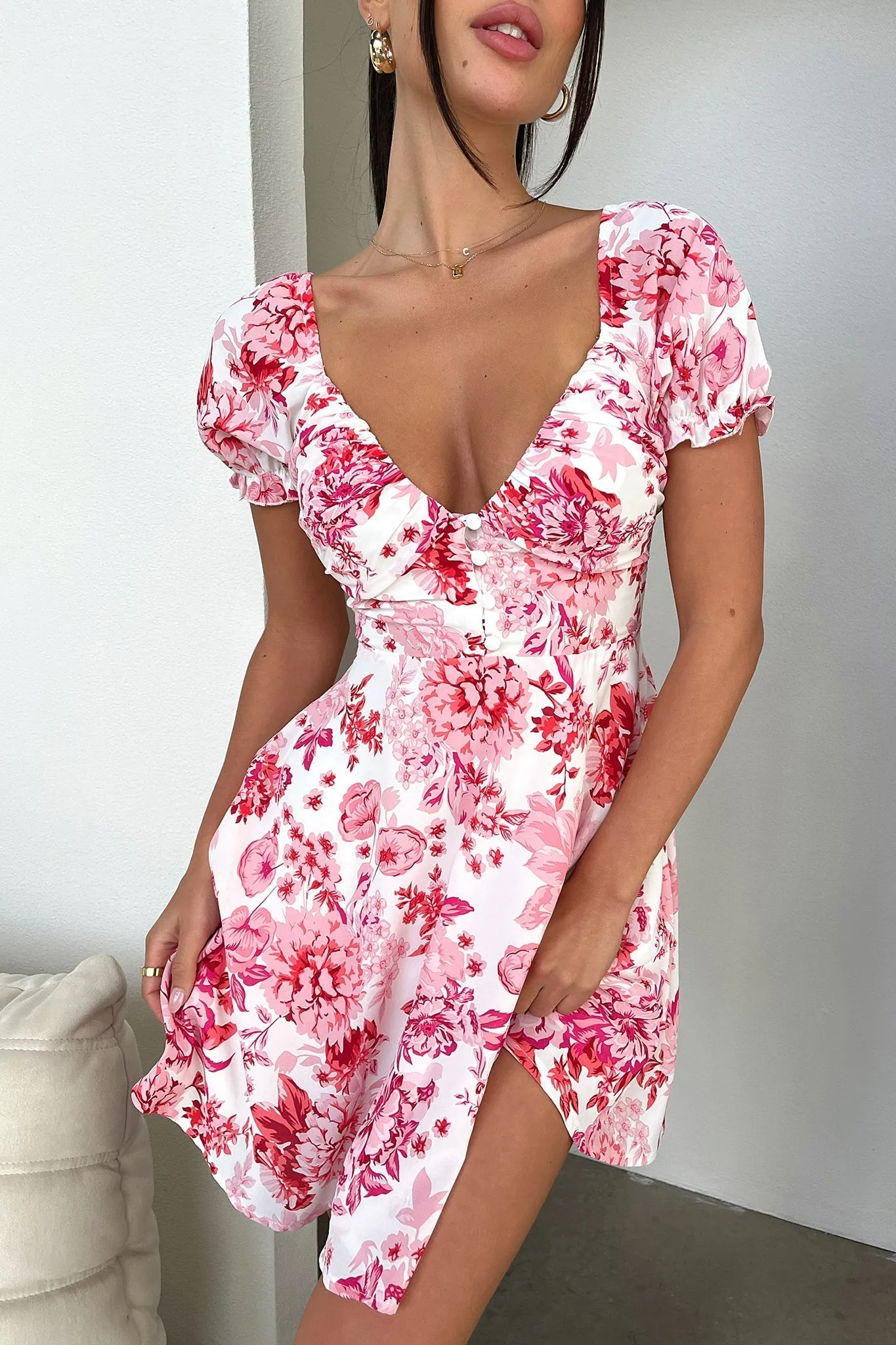 Structured Bodice Solem Mini Dress - Pink/Red Floral