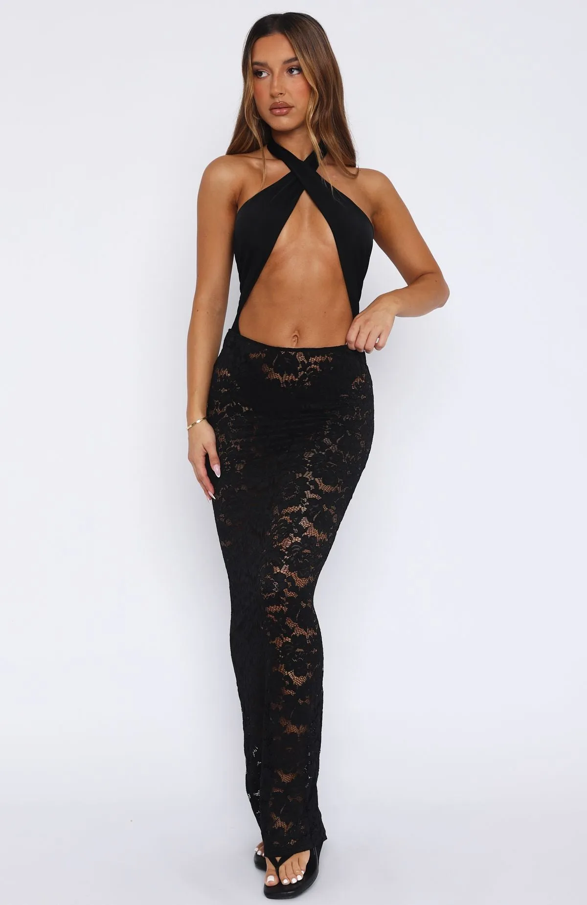 Stylish Function Take Time Lace Maxi Skirt Black