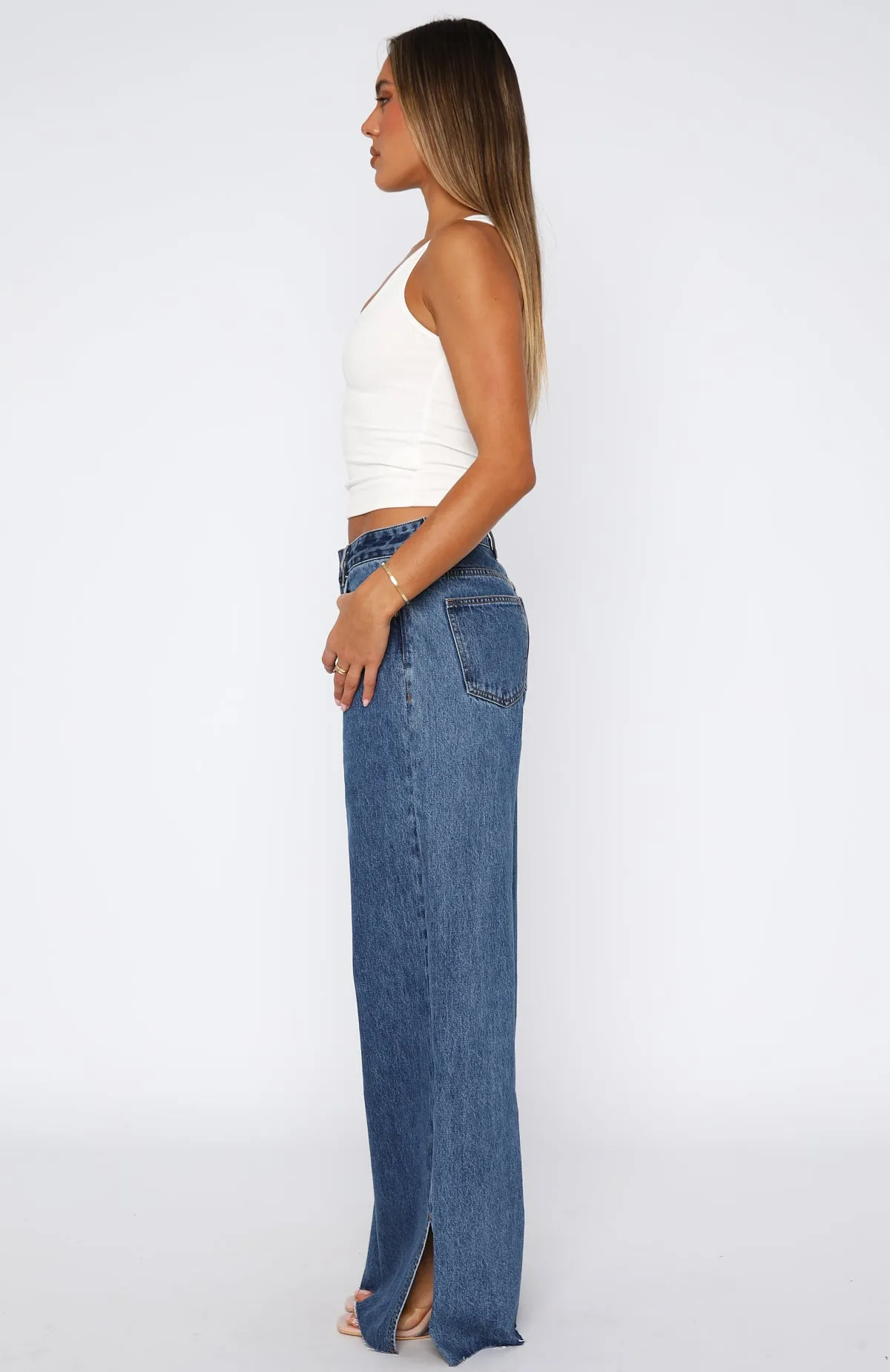 Summer Mid Rise Wide Leg Jeans Admiral Blue Gray Simple