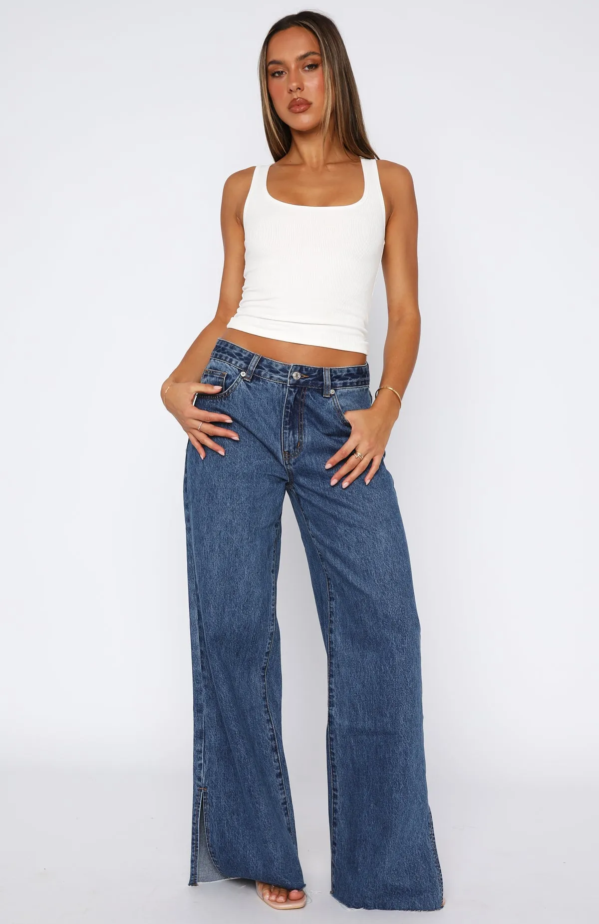 Summer Mid Rise Wide Leg Jeans Admiral Blue Gray Simple