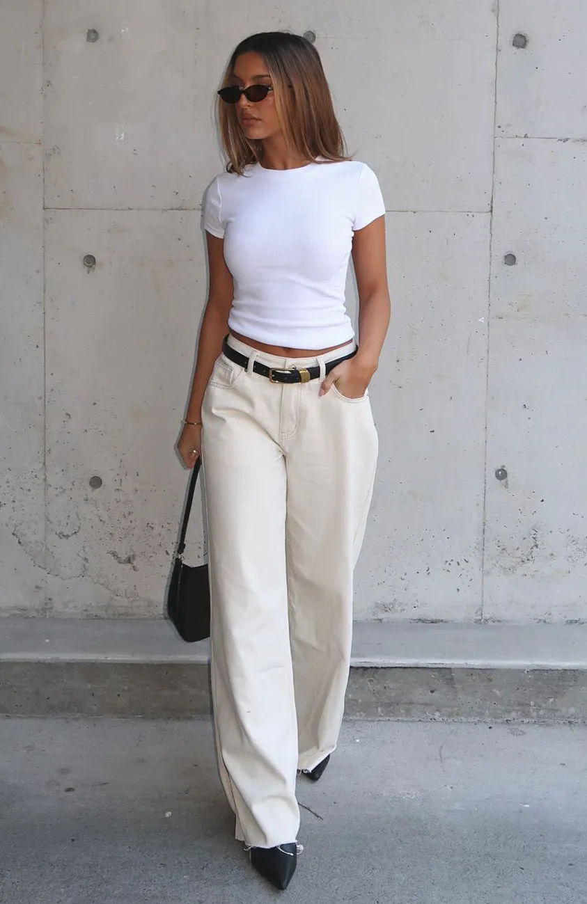 Durable Material patched design Summer Mid Rise Wide Leg Jeans Cream