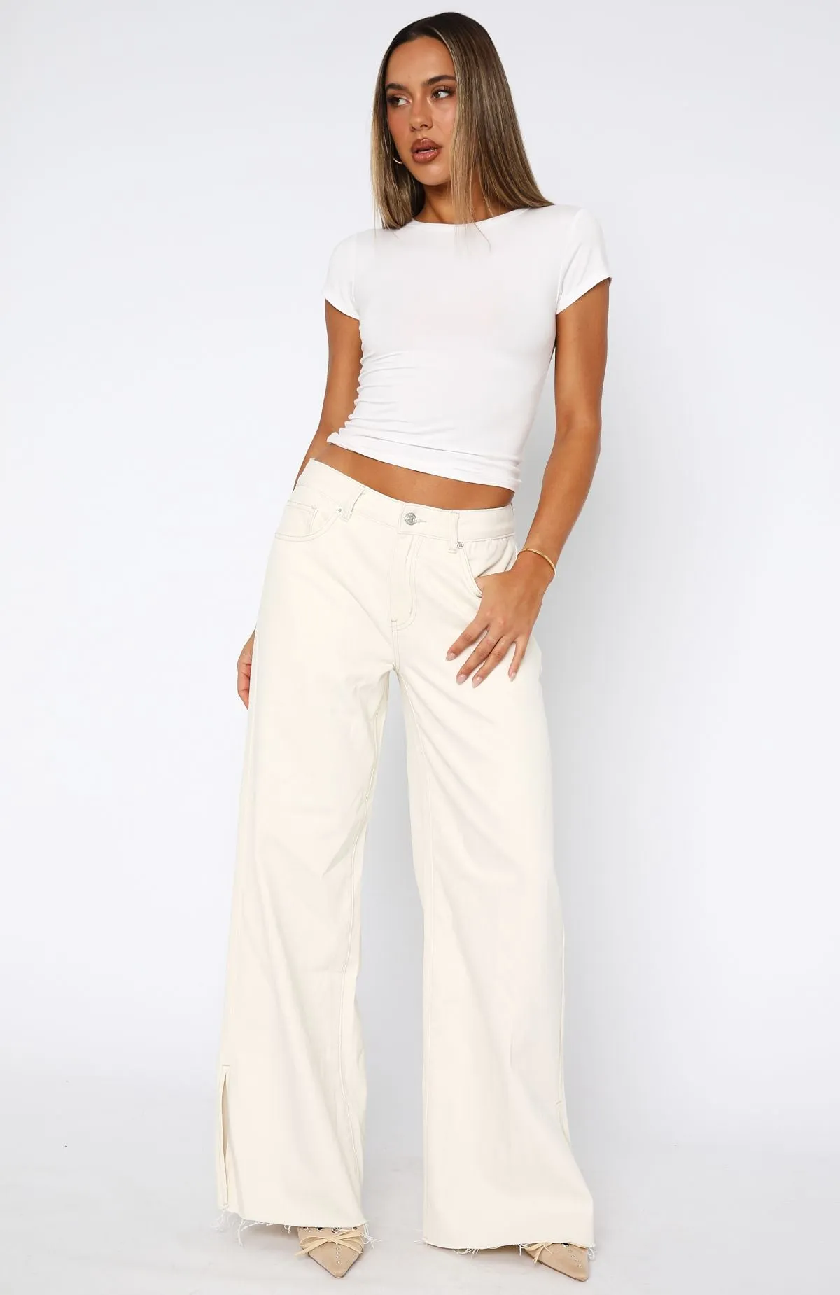 Summer Mid Rise Wide Leg Jeans Cream Straight fit