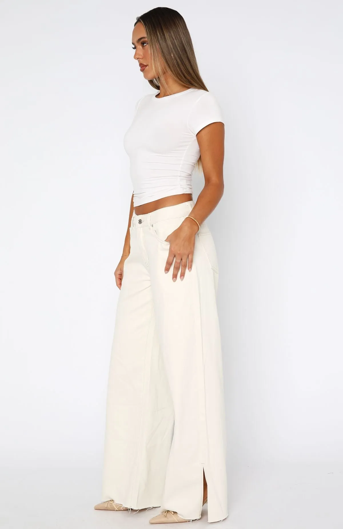Summer Mid Rise Wide Leg Jeans Cream Straight fit