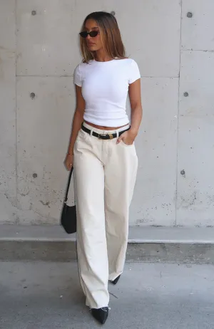 Durable Material patched design Summer Mid Rise Wide Leg Jeans Cream