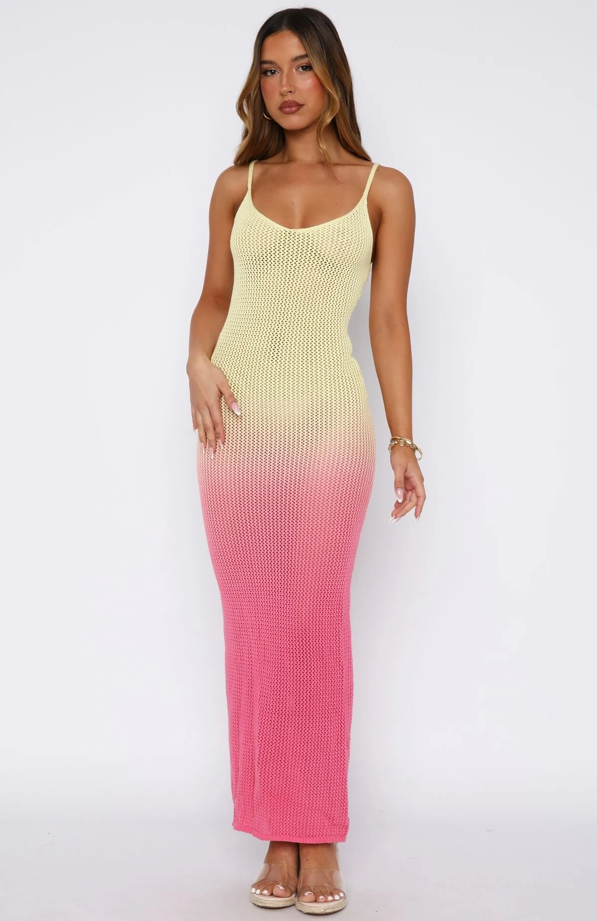 Sunshine Soul Crochet Maxi Dress Lemon/Pink Ombre Relax Fit