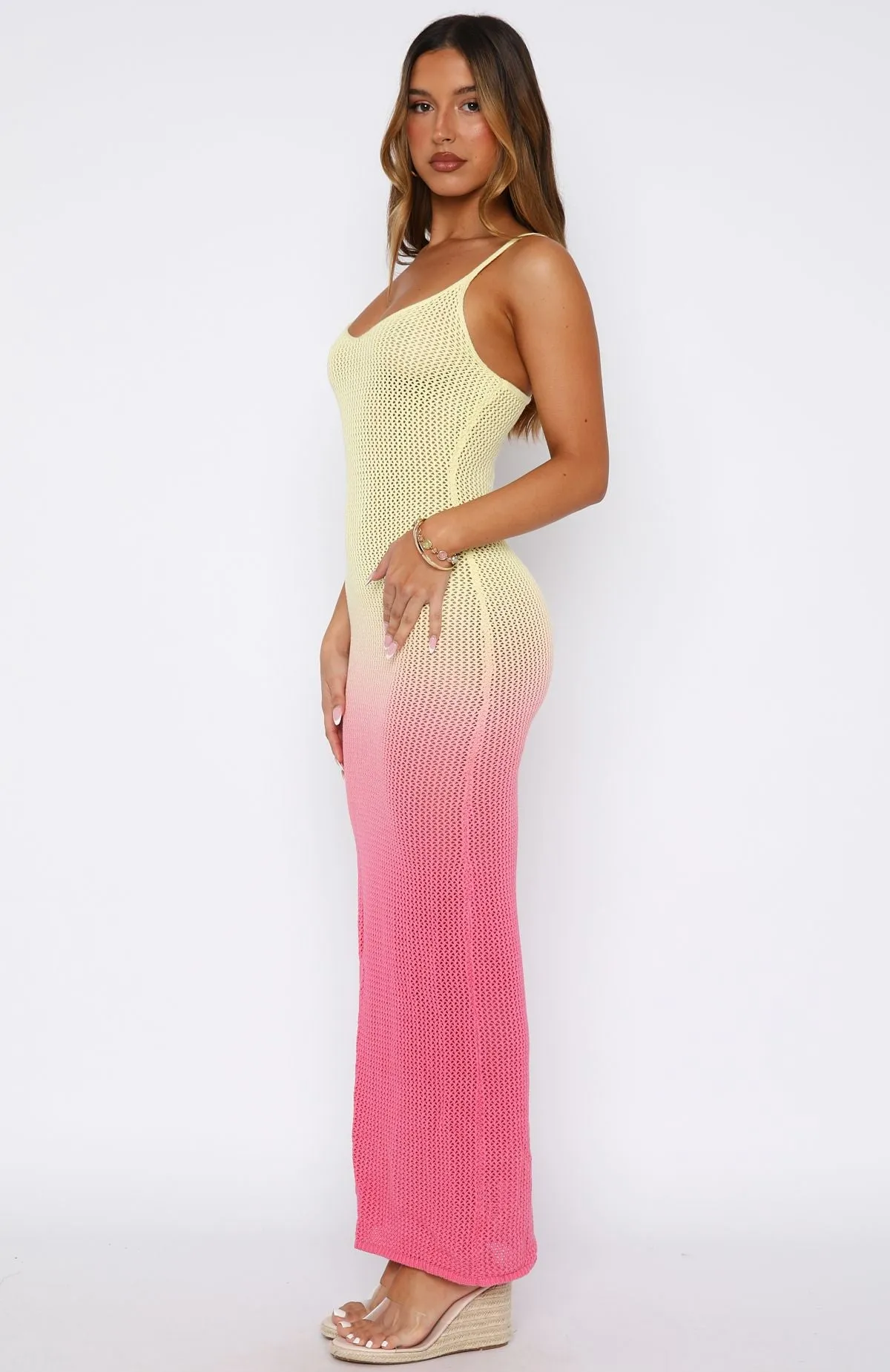 Sunshine Soul Crochet Maxi Dress Lemon/Pink Ombre Relax Fit