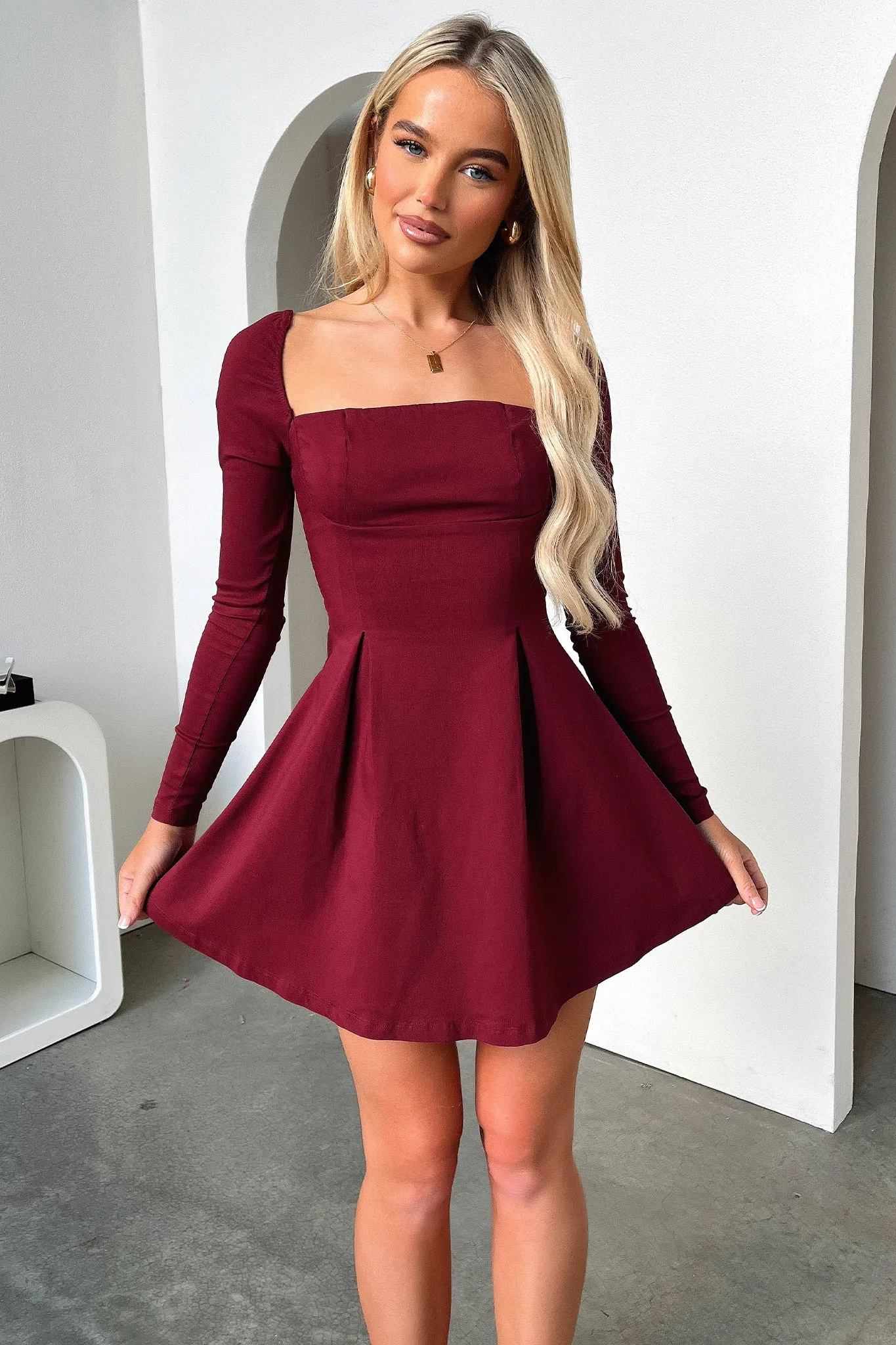 Tabitha Long Sleeve Mini Dress - Burgundy Winter Snow